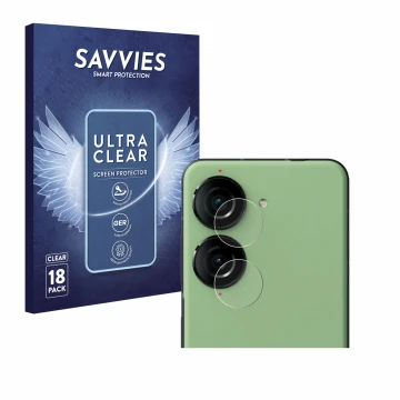 Vorderseite einer Produktverpackung mit dem Markenlogo Savvies. Daneben ist das Gerät ASUS ZenFone 10 (NUR Kameraschutz) mit d