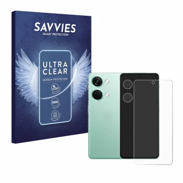 Vorderseite einer Produktverpackung mit dem Markenlogo Savvies. Daneben ist das Gerät OnePlus Nord 3 5G (Display+Kamera) mit d