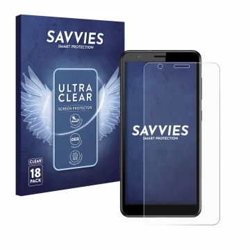 Vorderseite einer Produktverpackung mit dem Markenlogo Savvies. Daneben ist das Gerät ZTE Blade A31 mit dem zugehörigen Displa