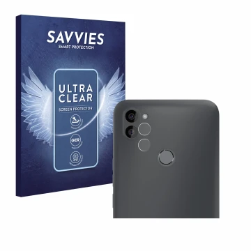 Vorderseite einer Produktverpackung mit dem Markenlogo Savvies. Daneben ist das Gerät Gigaset GS5 Lite (Display+Kamera) mit de