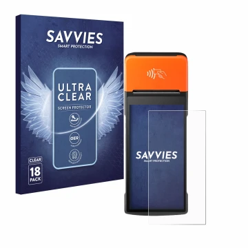 Vorderseite einer Produktverpackung mit dem Markenlogo Savvies. Daneben ist das Gerät Sunmi V2 Pro mit dem zugehörigen Display