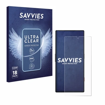 Vorderseite einer Produktverpackung mit dem Markenlogo Savvies. Daneben ist das Gerät ZTE Nubia Red Magic 8S Pro mit dem zugeh