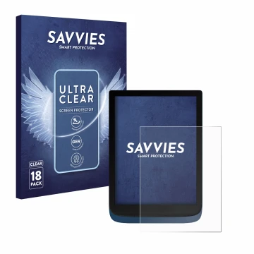 Vorderseite einer Produktverpackung mit dem Markenlogo Savvies. Daneben ist das Gerät Vivlio InkPad 3 mit dem zugehörigen Disp