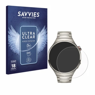 Vorderseite einer Produktverpackung mit dem Markenlogo Savvies. Daneben ist das Gerät Huawei Watch 4 Pro mit dem zugehörigen D
