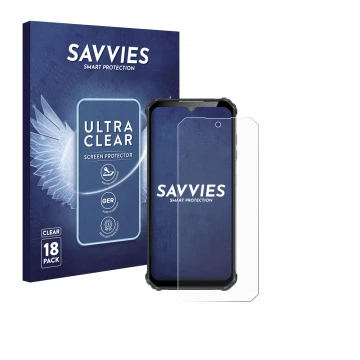 Vorderseite einer Produktverpackung mit dem Markenlogo Savvies. Daneben ist das Gerät Oukitel WP22 mit dem zugehörigen Display