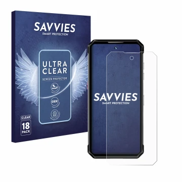 Vorderseite einer Produktverpackung mit dem Markenlogo Savvies. Daneben ist das Gerät Oukitel WP21 mit dem zugehörigen Display