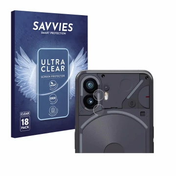 Vorderseite einer Produktverpackung mit dem Markenlogo Savvies. Daneben ist das Gerät Nothing Phone (2) (NUR Kameraschutz) mit