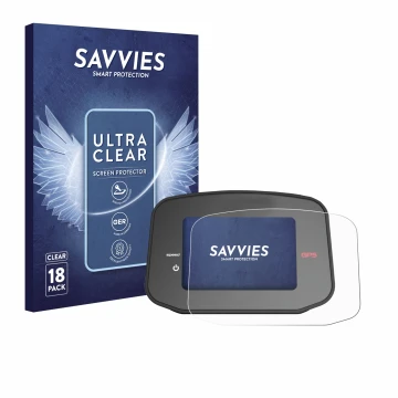 Vorderseite einer Produktverpackung mit dem Markenlogo Savvies. Daneben ist das Gerät PowaKaddy CT8 GPS mit dem zugehörigen Di