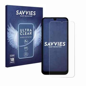 Vorderseite einer Produktverpackung mit dem Markenlogo Savvies. Daneben ist das Gerät Doro 8200 mit dem zugehörigen Displaysch
