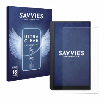 Vorderseite einer Produktverpackung mit dem Markenlogo Savvies. Daneben ist das Gerät FiiO M11s mit dem zugehörigen Displaysch