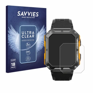 Vorderseite einer Produktverpackung mit dem Markenlogo Savvies. Daneben ist das Gerät Njord Gear The Indestructible Smartwatch