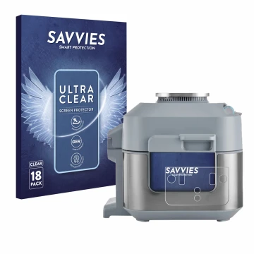 Vorderseite einer Produktverpackung mit dem Markenlogo Savvies. Daneben ist das Gerät Ninja Speedi Rapid Cooking System mit de