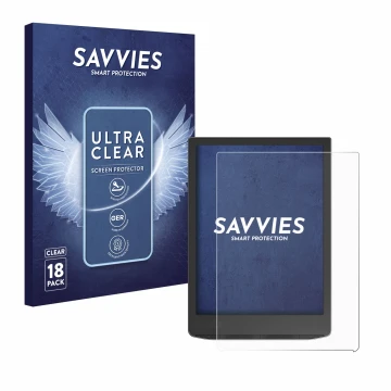 Vorderseite einer Produktverpackung mit dem Markenlogo Savvies. Daneben ist das Gerät PocketBook InkPad 4 mit dem zugehörigen 