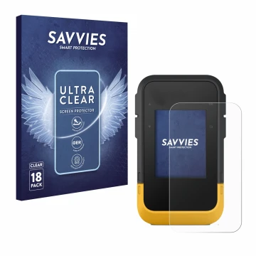 Vorderseite einer Produktverpackung mit dem Markenlogo Savvies. Daneben ist das Gerät Garmin eTrex SE mit dem zugehörigen Disp