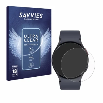 Vorderseite einer Produktverpackung mit dem Markenlogo Savvies. Daneben ist das Gerät Samsung Galaxy Watch 6 (44 mm) mit dem z