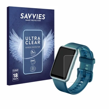 Vorderseite einer Produktverpackung mit dem Markenlogo Savvies. Daneben ist das Gerät Huawei Watch Fit Special Edition mit dem