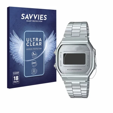 Vorderseite einer Produktverpackung mit dem Markenlogo Savvies. Daneben ist das Gerät Casio A168WEM-7EF mit dem zugehörigen Di
