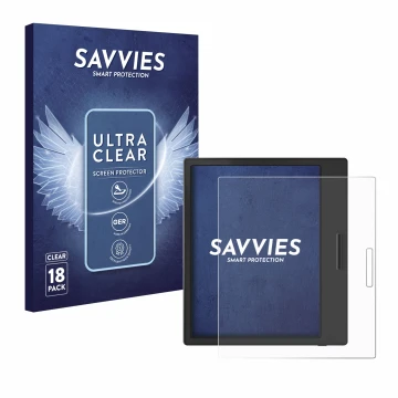 Vorderseite einer Produktverpackung mit dem Markenlogo Savvies. Daneben ist das Gerät Boox Page mit dem zugehörigen Displaysch