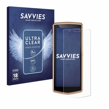Vorderseite einer Produktverpackung mit dem Markenlogo Savvies. Daneben ist das Gerät Cubot Pocket 3 mit dem zugehörigen Displ