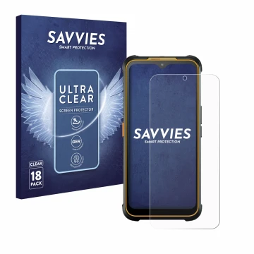 Vorderseite einer Produktverpackung mit dem Markenlogo Savvies. Daneben ist das Gerät AGM Glory G1S mit dem zugehörigen Displa