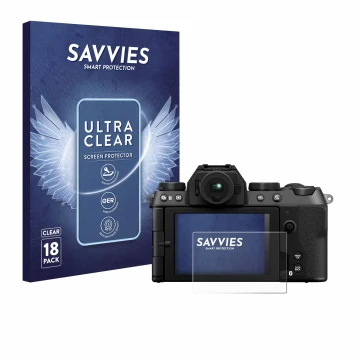 Vorderseite einer Produktverpackung mit dem Markenlogo Savvies. Daneben ist das Gerät Fujifilm X-S20 mit dem zugehörigen Displ