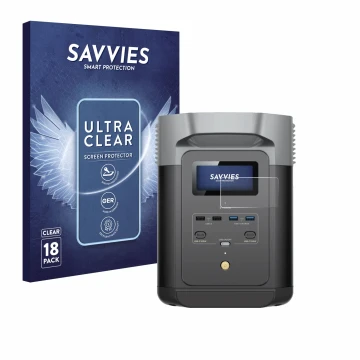 Vorderseite einer Produktverpackung mit dem Markenlogo Savvies. Daneben ist das Gerät EcoFlow DELTA 2 mit dem zugehörigen Disp