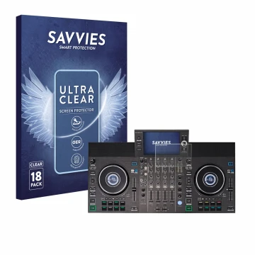 Vorderseite einer Produktverpackung mit dem Markenlogo Savvies. Daneben ist das Gerät Denon DJ SC LIVE 4 mit dem zugehörigen D