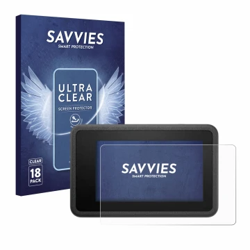 Vorderseite einer Produktverpackung mit dem Markenlogo Savvies. Daneben ist das Gerät DJI Osmo Action 4 mit dem zugehörigen Di
