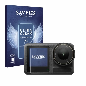 Vorderseite einer Produktverpackung mit dem Markenlogo Savvies. Daneben ist das Gerät DJI Osmo Action 4 (Vorderes Display) mit