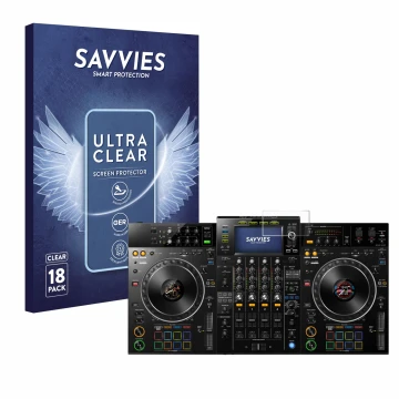 Vorderseite einer Produktverpackung mit dem Markenlogo Savvies. Daneben ist das Gerät Pioneer XDJ -XZ mit dem zugehörigen Disp