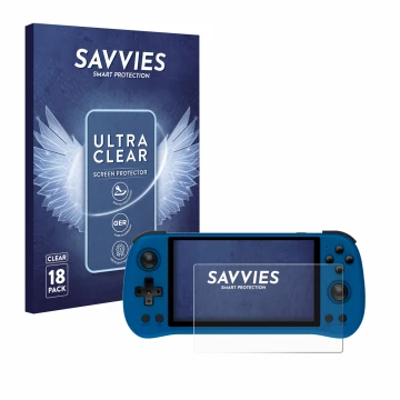 Vorderseite einer Produktverpackung mit dem Markenlogo Savvies. Daneben ist das Gerät Powkiddy X55 mit dem zugehörigen Display