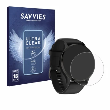 Vorderseite einer Produktverpackung mit dem Markenlogo Savvies. Daneben ist das Gerät Garmin Venu 3S mit dem zugehörigen Displ