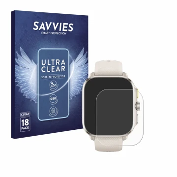Vorderseite einer Produktverpackung mit dem Markenlogo Savvies. Daneben ist das Gerät Huami Amazfit Cheetah (Square) mit dem z
