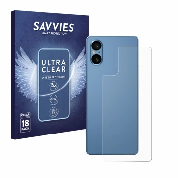 Vorderseite einer Produktverpackung mit dem Markenlogo Savvies. Daneben ist das Gerät Sony Xperia 5 V (Rückseite) mit dem zuge