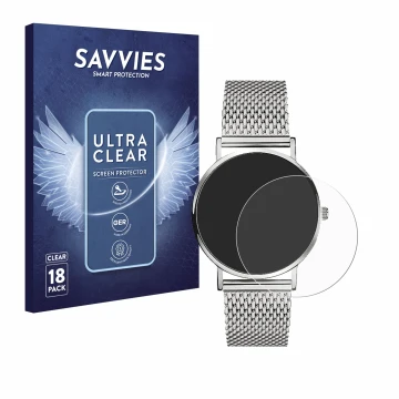 Vorderseite einer Produktverpackung mit dem Markenlogo Savvies. Daneben ist das Gerät Liebeskind New Case Mesh (34 mm) mit dem
