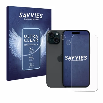 Vorderseite einer Produktverpackung mit dem Markenlogo Savvies. Daneben ist das Gerät Apple iPhone 15 (Display+Kamera) mit dem