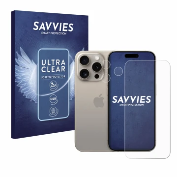 Vorderseite einer Produktverpackung mit dem Markenlogo Savvies. Daneben ist das Gerät Apple iPhone 15 Pro (Display+Kamera) mit