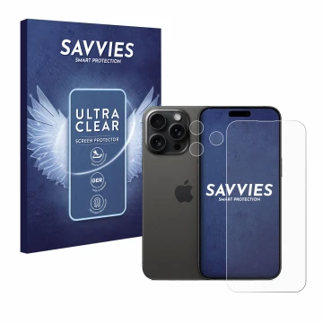 Vorderseite einer Produktverpackung mit dem Markenlogo Savvies. Daneben ist das Gerät Apple iPhone 15 Pro Max (Display+Kamera)