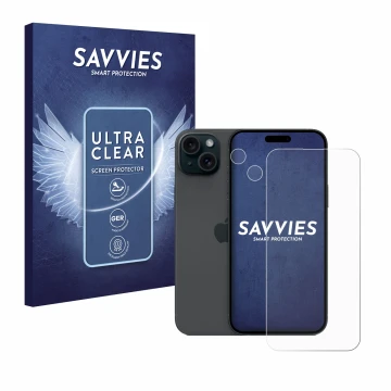 Vorderseite einer Produktverpackung mit dem Markenlogo Savvies. Daneben ist das Gerät Apple iPhone 15 Plus (Display+Kamera) mi