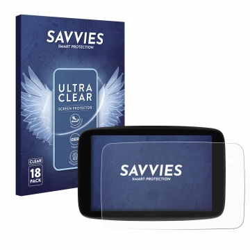 Vorderseite einer Produktverpackung mit dem Markenlogo Savvies. Daneben ist das Gerät TomTom GO Superior 7