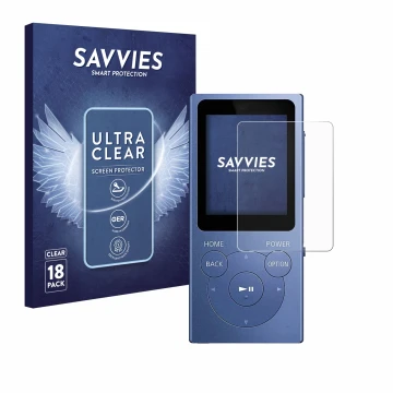 Vorderseite einer Produktverpackung mit dem Markenlogo Savvies. Daneben ist das Gerät Sony Walkman NW-E394 mit dem zugehörigen