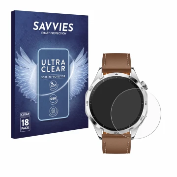 Vorderseite einer Produktverpackung mit dem Markenlogo Savvies. Daneben ist das Gerät Huawei Watch GT 4 (46mm) mit dem zugehör