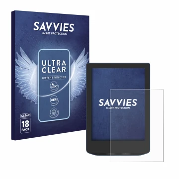 Vorderseite einer Produktverpackung mit dem Markenlogo Savvies. Daneben ist das Gerät PocketBook Verse Pro mit dem zugehörigen