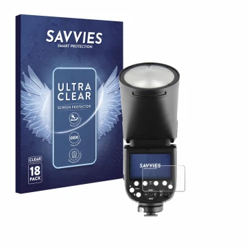 Vorderseite einer Produktverpackung mit dem Markenlogo Savvies. Daneben ist das Gerät Godox V1 mit dem zugehörigen Displayschu