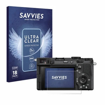 Vorderseite einer Produktverpackung mit dem Markenlogo Savvies. Daneben ist das Gerät Sony Alpha 7CR mit dem zugehörigen Displ
