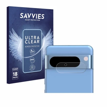 Vorderseite einer Produktverpackung mit dem Markenlogo Savvies. Daneben ist das Gerät Google Pixel 8 Pro (NUR Kameraschutz) mi