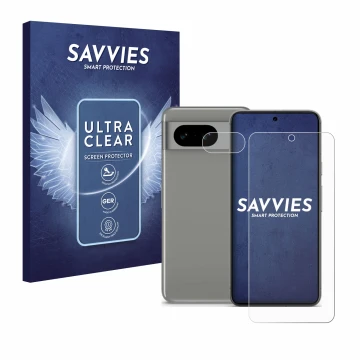 Vorderseite einer Produktverpackung mit dem Markenlogo Savvies. Daneben ist das Gerät Google Pixel 8 (Display+Kamera) mit dem 