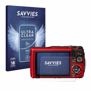 Vorderseite einer Produktverpackung mit dem Markenlogo Savvies. Daneben ist das Gerät Olympus OM System Tough TG-7 mit dem zug