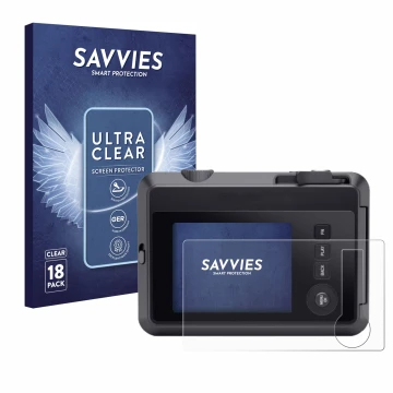 Vorderseite einer Produktverpackung mit dem Markenlogo Savvies. Daneben ist das Gerät Leica SOFORT 2 mit dem zugehörigen Displ