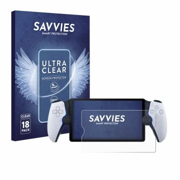 Vorderseite einer Produktverpackung mit dem Markenlogo Savvies. Daneben ist das Gerät Sony Playstation Portal mit dem zugehöri
